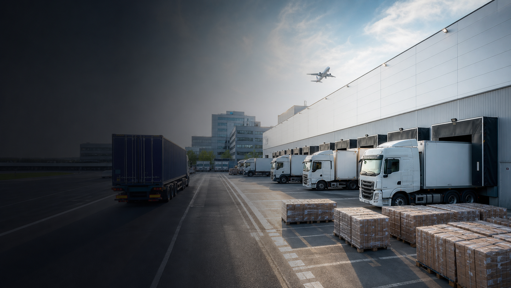 Modern logistics hub with trucks, warehouse loading docks, containers, and freight operations